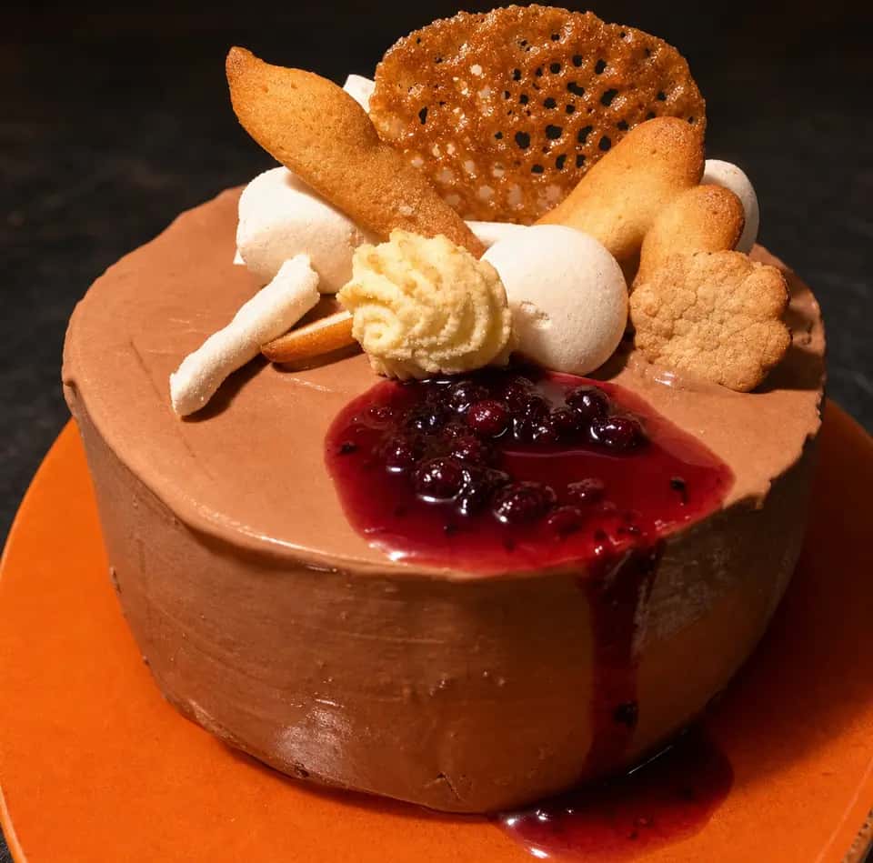 Chocolate celebration cake at Restaurant Montané
