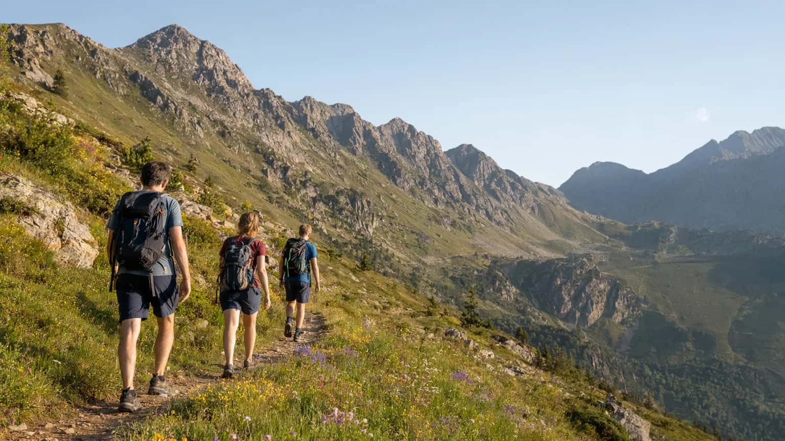 Summer hikers on a trail toward Comapedrosa Natural Park