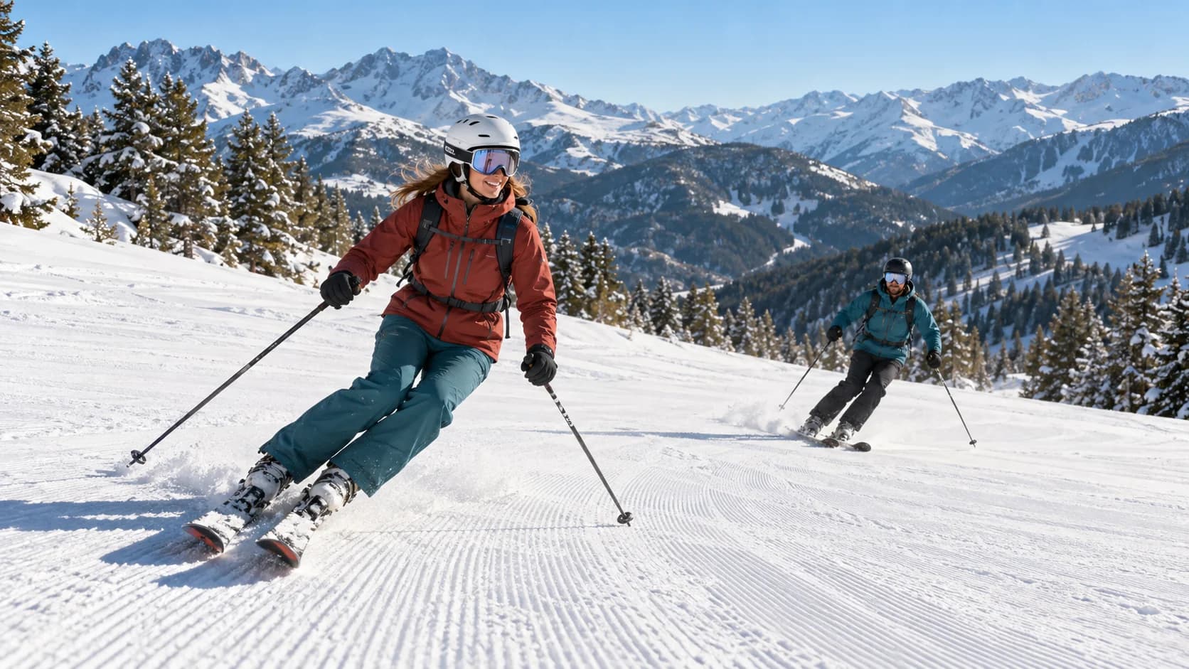 Skiers enjoying a sunny groomed mountain piste
